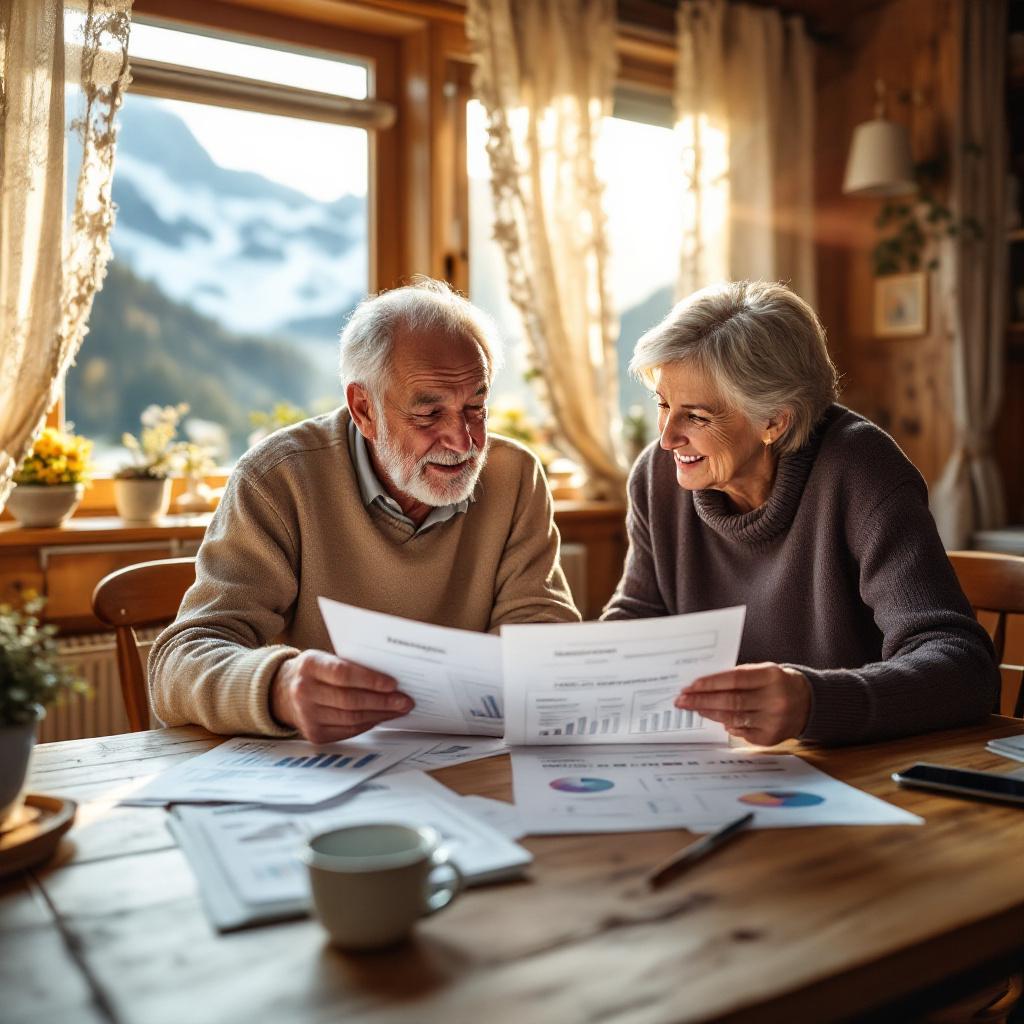 Swiss retired couple planning their mortgage strategy with financial documents and a calculator on a table