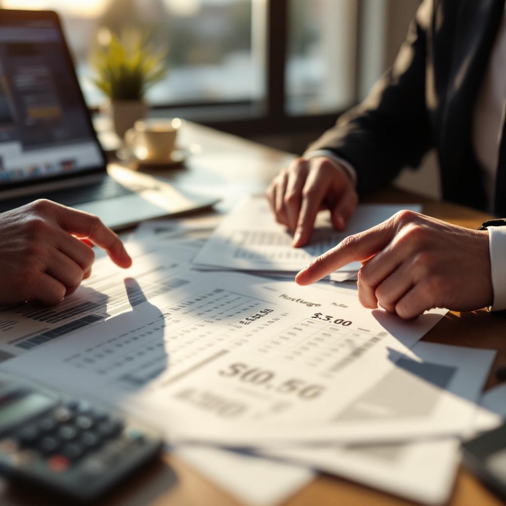 Illustration conceptuelle d'une table de négociation avec documents hypothécaires, calculatrice et graphique de taux, représentant la négociation d'un meilleur taux hypothécaire en Suisse