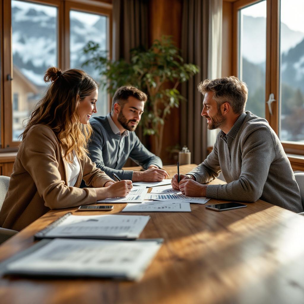 Courtier hypothécaire indépendant en Suisse présentant plusieurs offres de financement à des clients pour leur projet immobilier